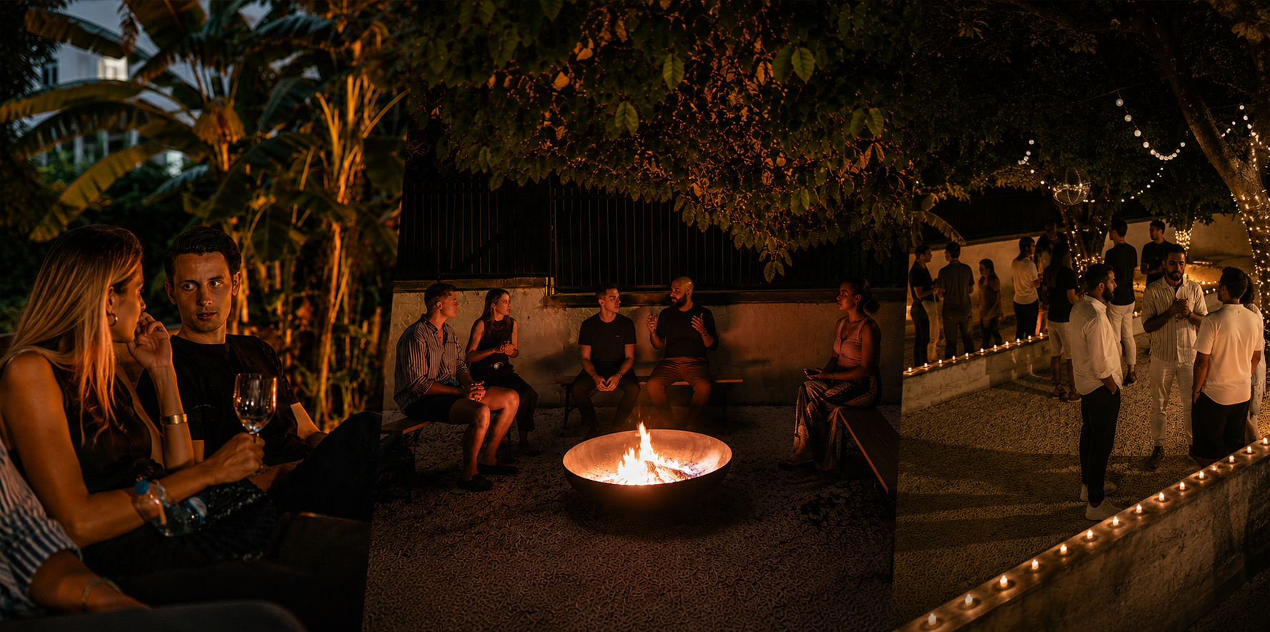 Founders talking around a fire pit at night